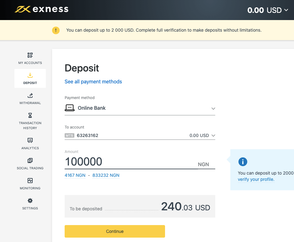 Exness Deposit Amount