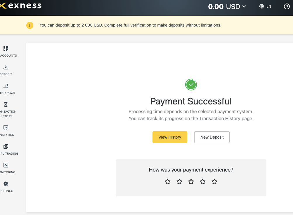 Exness Payment Successful