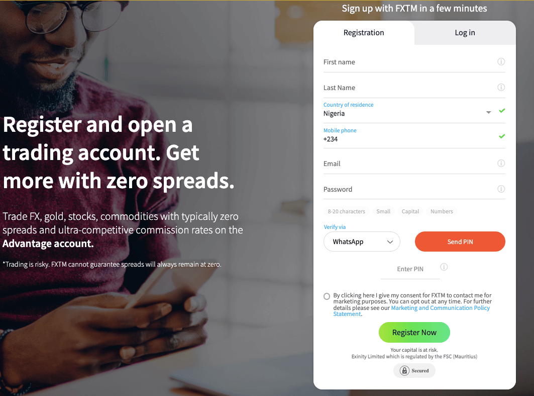 FXTM Nigeria registration form