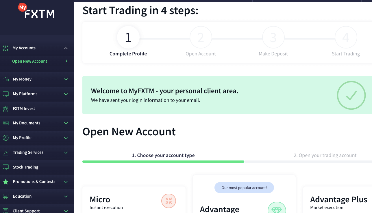 FXTM Nigeria account type selection