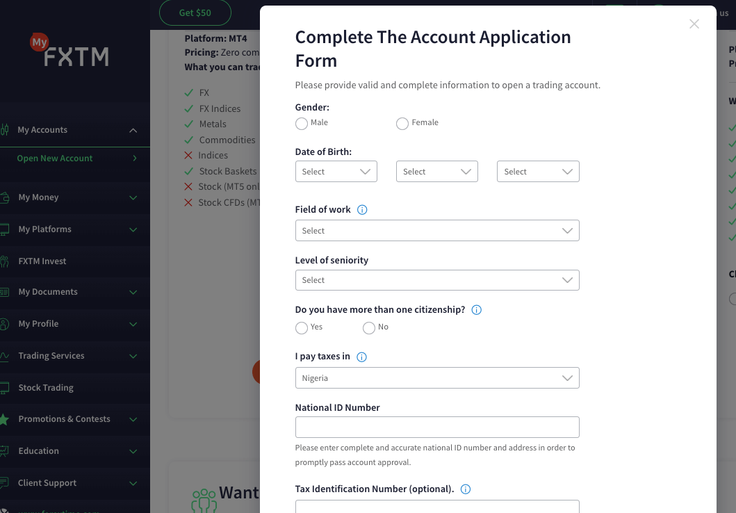 FXTM Nigeria account form