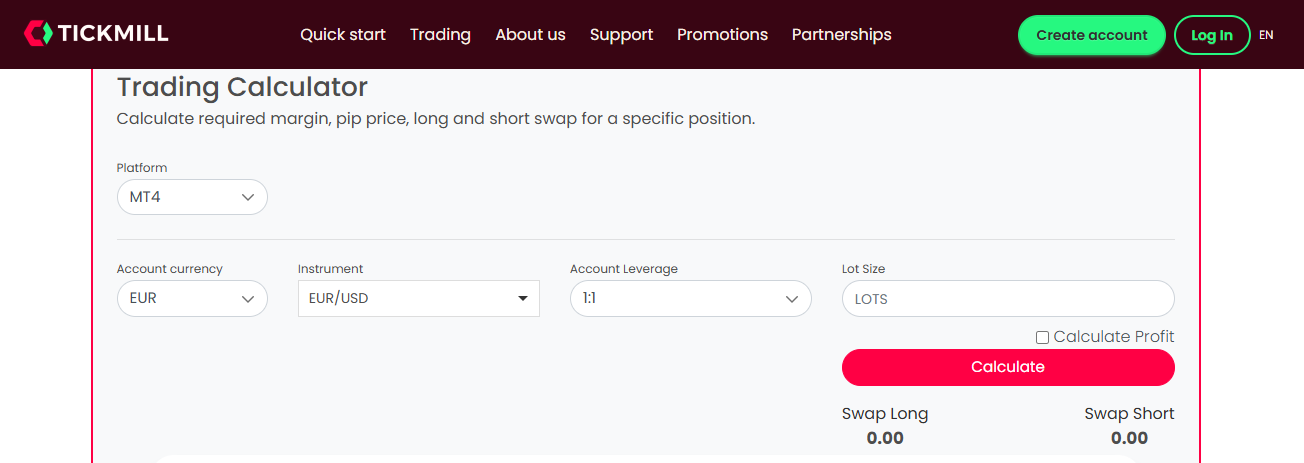 Tickmill Forex Calculator